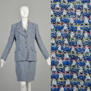 Large 1980s Blue Tweed Skirt Suit Designer Suit Set Office Outfit