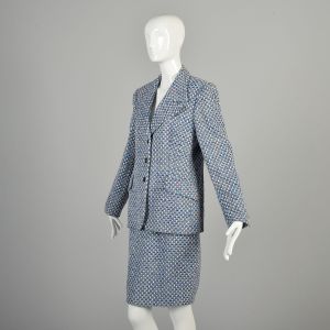 Large 1980s Blue Tweed Skirt Suit Designer Suit Set Office Outfit - Fashionconservatory.com