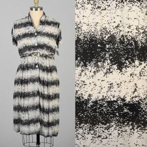 XL 1950s Black and White Striped Rayon Day Dress