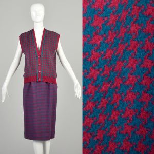 Large 1980s Teal & Burgundy Houndstooth Knit Vest and Tweed Skirt Set 