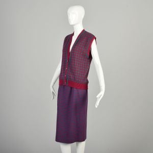 Large 1980s Teal & Burgundy Houndstooth Knit Vest and Tweed Skirt Set  - Fashionconservatory.com