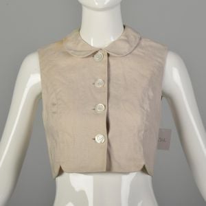 Medium 1950s Beige Linen Sleeveless Peter Pan Collar Crop Top