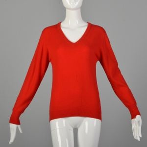 XS-Medium 1980s Sweater Bright Red Cashmere V-Neck