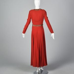 Small 1940s Red Formal Dress Set Evening Gown Rayon Crepe Sequin Zip Jacket Old Hollywood Glamour  - Fashionconservatory.com