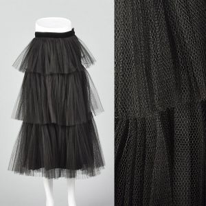 XXS 1950s Layered Tulle Skirt Velvet Waistband Black Pleated Full Midi Length Rockabilly