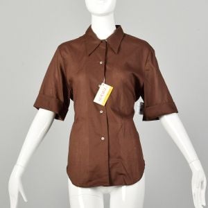 Large 1970s Solid Brown Casual Button Up Shirt Deadstock Short Sleeve Summer Weight Permanent Press