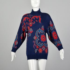 Small/Medium 1980s Sweater Navy Floral Oversize Turtleneck 