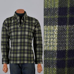 XL 1970s Mens Shirt Green Plaid Flannel Ribbed Knit Turtleneck Long Sleeve - Fashionconservatory.com