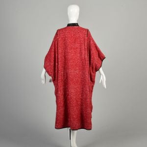 OSFM 1980s Red Poncho Pullover Cape Oversized Kaftan Blanket Slub Weave Leather Collar - Fashionconservatory.com