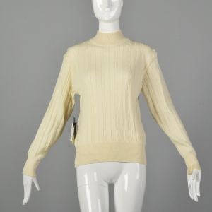 Small Cream Deadstock 1980s Sweater with Back Neck Zip Cable Knit Pullover 