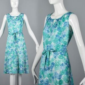 Medium Blue Dress 1970s Blue and Green Floral Sheer Belted Sleeveless Spring Dress
