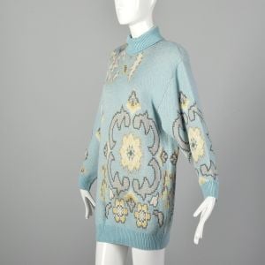 Small 1990s Sky Blue Mock Neck Oversize Sweater Wool Pullover - Fashionconservatory.com