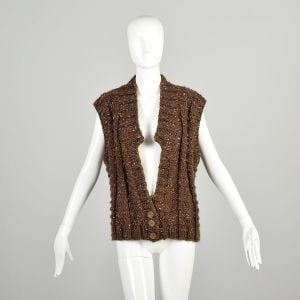 XXXL-XXL-XL 1980s Brown Sweater Vest Cream Fleck Soft Thick Chunky Rib Knit Winter Layering 