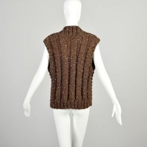 XXXL-XXL-XL 1980s Brown Sweater Vest Cream Fleck Soft Thick Chunky Rib Knit Winter Layering  - Fashionconservatory.com