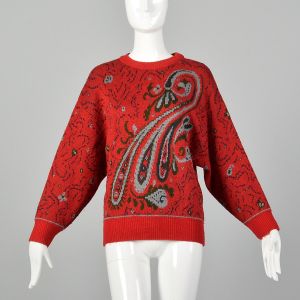 Small 1980s Red Sweater Gray Paisley Wool Long Sleeve Pull Over