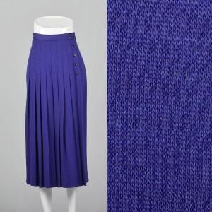 Small 1990s Sonia Rykiel Purple Knit Pleated Skirt Wool Faux Wrap Patch Pockets 