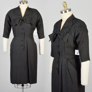 Large 1950s Little Black Dress with Buttons Spread Collar and Bow