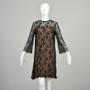 Small 1960s Lace Dress 2 Piece Tan Rayon Sheath Black Lace Overlay LBD Swing Bracelet Bell Sleeve 