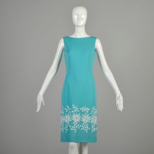 Medium 1960s Aqua Blue Dress Wool Knit Sleeveless White Floral Beaded Turquoise w/ *AS IS* Top