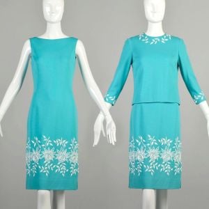 Medium 1960s Aqua Blue Dress Wool Knit Sleeveless White Floral Beaded Turquoise w/ *AS IS* Top - Fashionconservatory.com