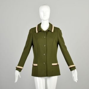 *AS IS* Small 1970s Moss Green Jacket Tan Brown Trim Pockets Tricosa Jeanne Osmundsen *DAMAGED*