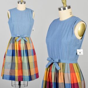 Large 1950s Rainbow Plaid Chambray Belted Fit and Flare Dress