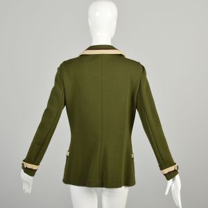 *AS IS* Small 1970s Moss Green Jacket Tan Brown Trim Pockets Tricosa Jeanne Osmundsen *DAMAGED* - Fashionconservatory.com