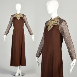 1970s XL Gold Beaded Sequined Sheer Sleeve Formal Maxi Dress Gown