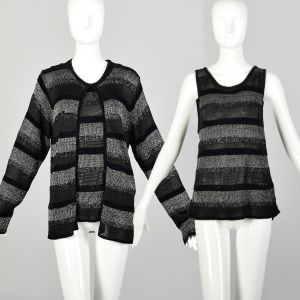 Medium 2000s Set Sleeveless Shirt Cardigan Black Silver Metallic Knit