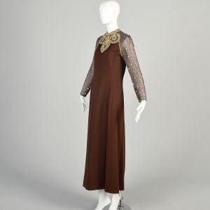 1970s XL Gold Beaded Sequined Sheer Sleeve Formal Maxi Dress Gown - Fashionconservatory.com