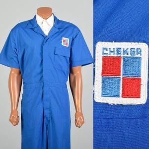 XL 1980s Bright Blue Coveralls Cheker Gas Co Mechanic Short Sleeve Workwear Jumpsuit DEADSTOCK