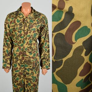 L | 1970s One-Piece Lightweight Summer Hunting Camo Coveralls by World Famous