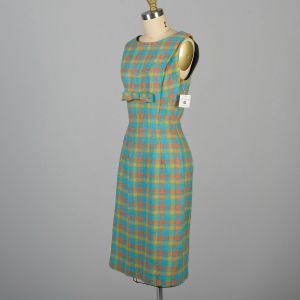 Small 1950s Sleeveless Teal Blue Orange Yellow Green Plaid Bow Dress - Fashionconservatory.com