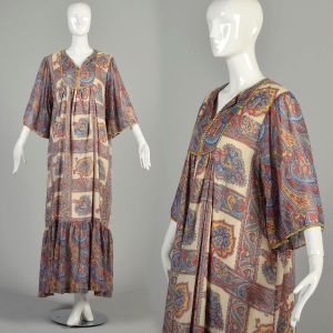 OSFM 1970s Kaftan Dress Half Sleeve Paisley Square Chintz Bohemian Loose Casual Hippie MuuMuu 