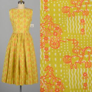 Small 1950s Chartreuse Green and Orange Novelty Print Sleeveless Day Dress 
