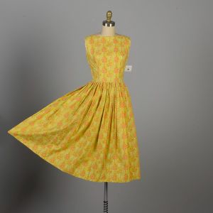 Small 1950s Chartreuse Green and Orange Novelty Print Sleeveless Day Dress  - Fashionconservatory.com
