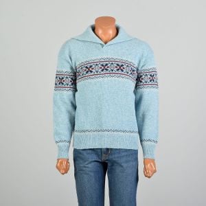 M-L 1980s Light Blue Ski Sweater Long Sleeve Fair Isle Winter Shawl Collar Jantzen Pullover 