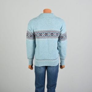 M-L 1980s Light Blue Ski Sweater Long Sleeve Fair Isle Winter Shawl Collar Jantzen Pullover  - Fashionconservatory.com