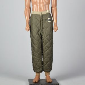 XL 1950s Deadstock Quilted Green Pants Water Repellent Rib Knit Cuffs Zip Front Snap Waist Outdoor - Fashionconservatory.com