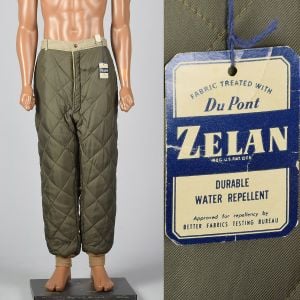 XL 1950s Deadstock Quilted Green Pants Water Repellent Rib Knit Cuffs Zip Front Snap Waist Outdoor