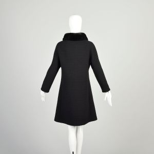 Large 1960s Black Coat Ribbed Texture Faux Fur Collar Asymmetrical Square Buttons Classic Winter  - Fashionconservatory.com