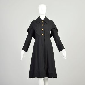 Small 1970s Black Inverness Coat Cape Shoulders Princess Waist Gold Tone Button Winter Overcoat