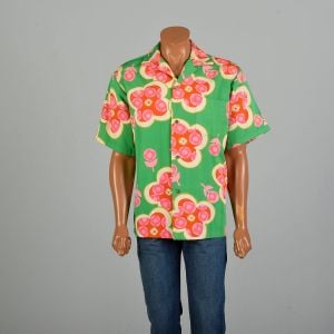 XL-XXL 1960s Hawaiian Shirt Green Red Pink Floral Short Sleeve Loop Collar Waltah Clarke's 