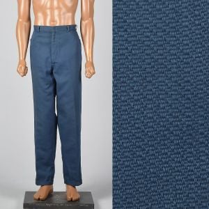 Medium 1960s Mens Blue Pants Flat Front Tapered Leg Cuffs Zip 