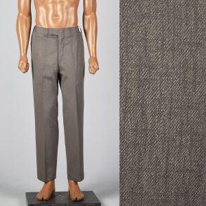 Medium 1960s Mens Brown Adjustable Pants Flat Front Elastic Waist Tapered Leg Zip Front Pockets