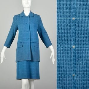 Medium 1960s Skirt Suit Blue Wool Knit Ensemble