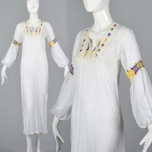 XS White Maxi Dress Long Sleeve Sheer Tunic with Rainbow Embroidery  Bohemian Wedding Dress