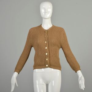 *AS IS* Medium 1960s Tan Cardigan Open Knit Acrylic Distressed Grungy Sweater DAMAGED 