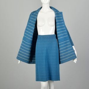 Medium 1960s Skirt Suit Blue Wool Knit Ensemble - Fashionconservatory.com