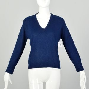 Medium 1970s Sweater Blue Soft Acrylic Knit V-Neck